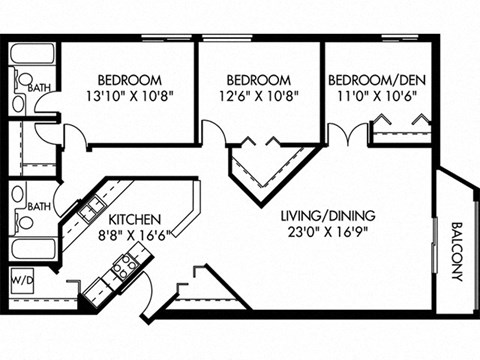 Floor plan for 3 beds, 2 baths, 1256 sqft